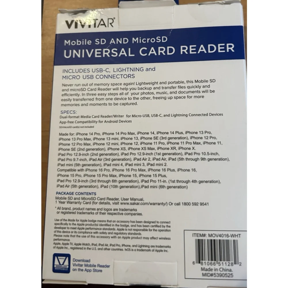 Universal Card Reader Vivitar Mobile SD and MicroSD New Made for iPhone & iPad